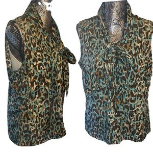 Ellen‎ Tracy animal Print turquoise brown bow tie sleeveless button up blouse 14